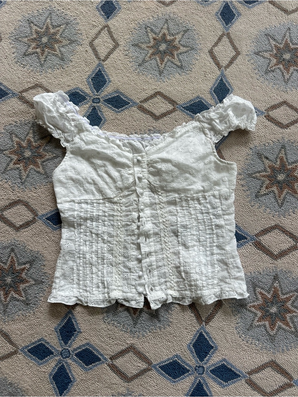White Eyelet Off-Shoulder Button Front Women’s Top